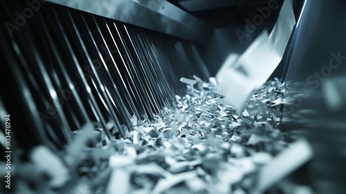 A pile of shredded paper is being fed into a shredder. The shredder is full of shredded paper and the shredding process is in progress