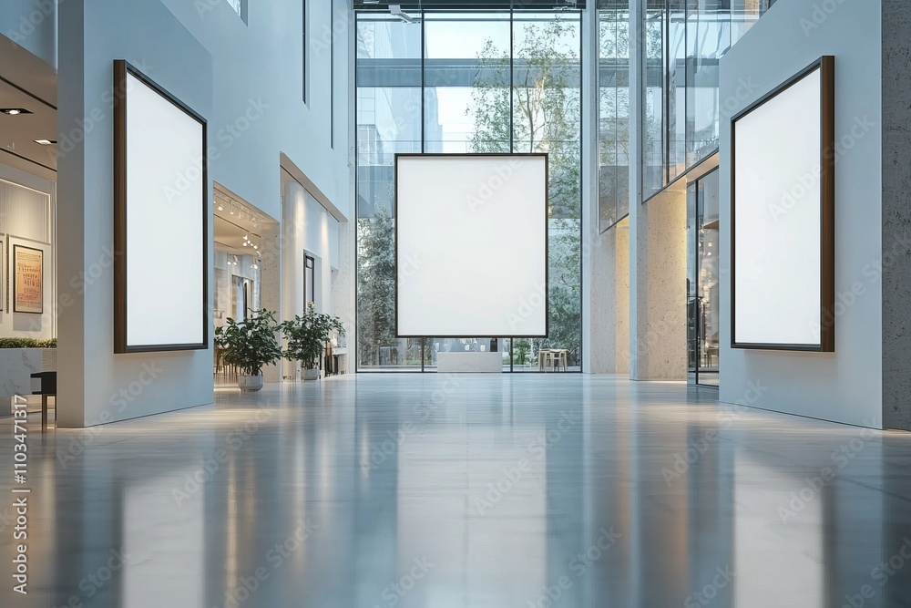 Stunning Modern Architecture Interior Design with Blank Frames. A Breathtaking Empty Hallway with Large Windows and High Ceilings. Perfect for Commercial or Exhibition Spaces. Stunning Modern Architecture Interior Design with Blank Frames. A Breathtaking Empty Hallway with Large Windows and High Ceilings. Perfect for Commercial or Exhibition Spaces.