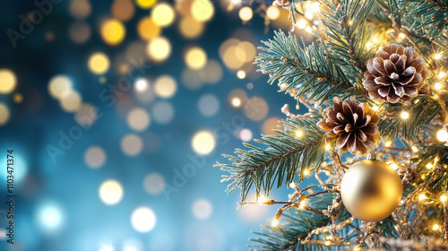 Detail of a Christmas tree with golden baubles, set against a blue and golden background