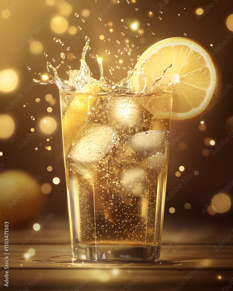 A refreshing drink with lemon slices and ice, splashing in a glass, illuminated by soft lights. A refreshing drink with lemon slices and ice, splashing in a glass, illuminated by soft lights.
