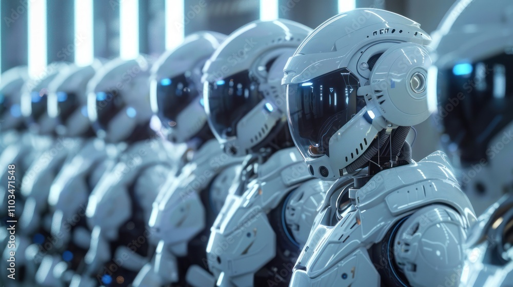 Fototapeta premium A lineup of futuristic robots in sleek white armor, showcasing advanced technology.