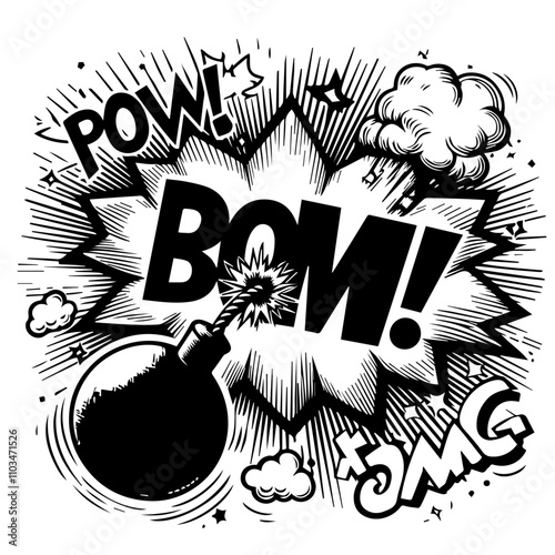 Hand drawn explosion, bomb element. Comic doodle sketch style. Explosion speech bubble with pow, boom, omg text. Vector illustration.