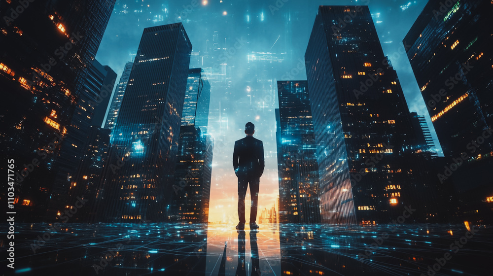Abstract business man stands on the peak of success amid tall, innovative Smart city and graphs with statistics to analyze business potential and predict future developments in company growth. Abstract business man stands on the peak of success amid tall, innovative Smart city and graphs with statistics to analyze business potential and predict future developments in company growth.