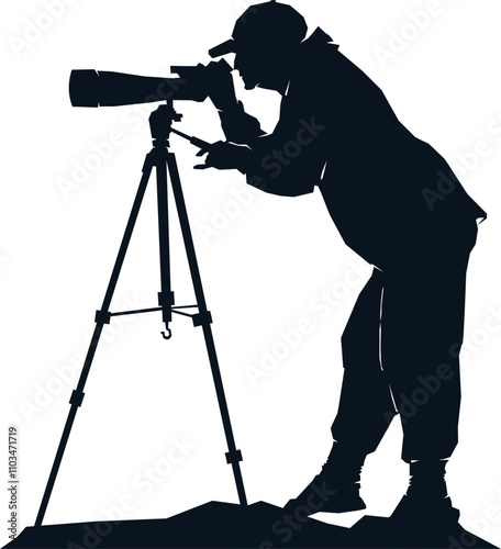 vector silhouette of people wearing cap watching bird with telescope
