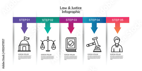 Law and Justice Infographic Design Template with Icons and 5 Options