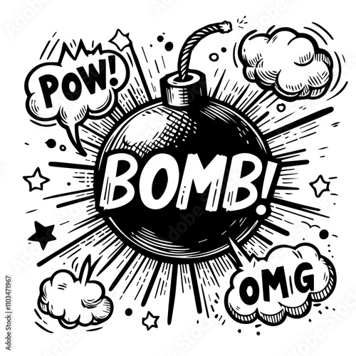Hand drawn explosion, bomb element. Comic doodle sketch style. Explosion speech bubble with pow, boom, omg text. Vector illustration