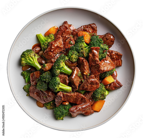 PNG Beef and broccoli dish with carrots in a bowl