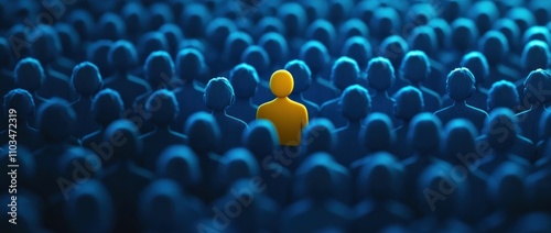 individuality, uniqueness, isolation, concept of standing out in a crowd with a single yellow figure among a sea of dark silhouettes
