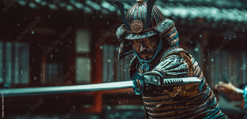 Samurai Warrior: Traditional Armor, Sword, and Unwavering Gaze Samurai Warrior: Traditional Armor, Sword, and Unwavering Gaze