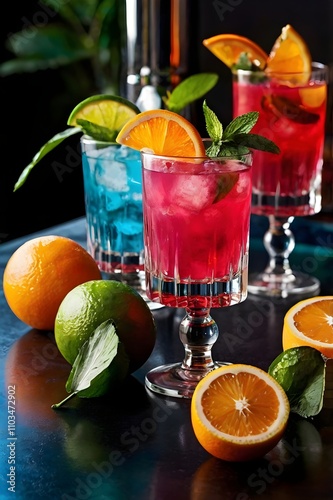 Display of colorful cocktails in elegant glasses