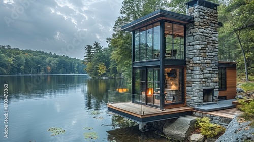 Fototapeta Naklejka Na Ścianę i Meble -  Modern fire tower tiny home made of stone and wood, floor to ceiling windows, overlooking lake in summer.