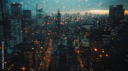 Smart digital city with connection cyber security network reciprocity over the cityscape . future smart wireless digital city and social media networking systems that connects people within the city