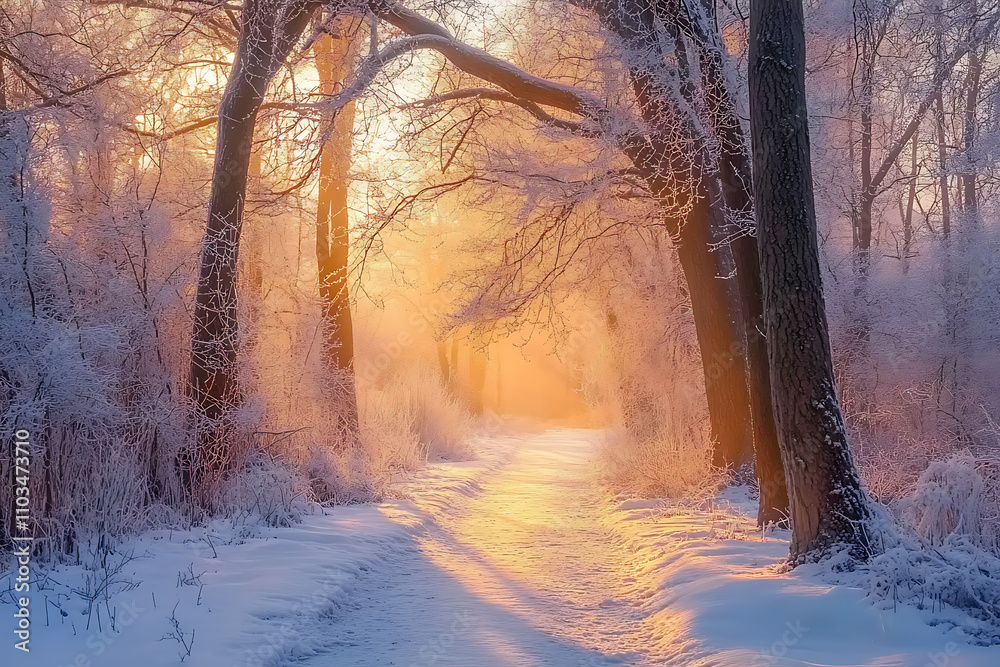 A tranquil forest pathway lined with frost-covered trees and shimmering branches. Captures the essence of a magical winter stroll A tranquil forest pathway lined with frost-covered trees and shimmering branches. Captures the essence of a magical winter stroll