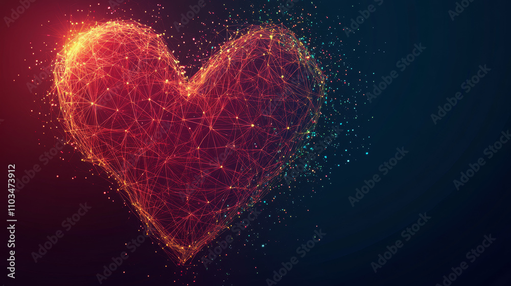 Polygonal heart on dark red background. Low poly wireframe love concept. Vector poster for Valentine's Day. Isolated digital technology heart.
Polygonal heart on dark red background. Low poly wireframe love concept. Vector poster for Valentine's Day. Isolated digital technology heart.