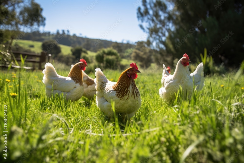 Fototapeta premium Chickens freely roam a green paddock near Clarkefield Australia