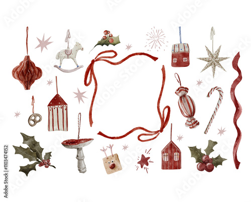 Watercolor hand-drawing set of christmas vintage toys. Retro fir tree decor with frame, candy, red houses, ribbon for card design, invitation, celebration, winter holidays