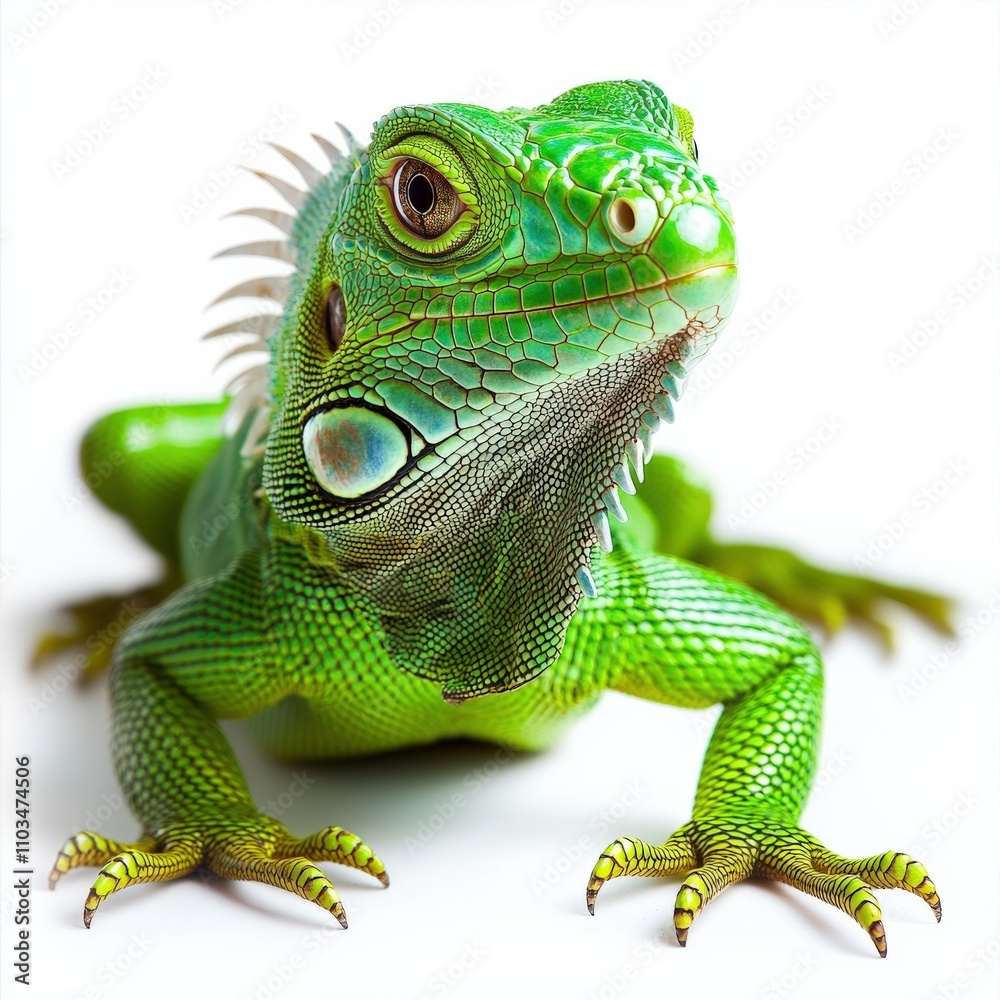 Fototapeta premium Iguana Isolated on White Background. Exotic Reptile with Green Scales in Wild Nature