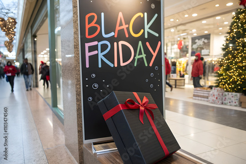 Black Friday Sale Board with Mini Shopping Cart, Star Confetti, and Festive Sale Tags on Red Background