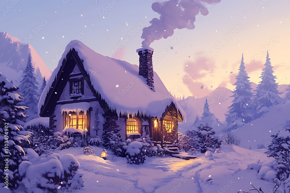 Naklejka premium A cozy winter cottage with a snow-covered roof, warm glowing windows, and smoke rising from the chimney. Perfect for a winter retreat