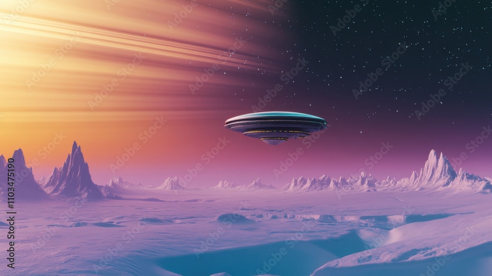 Futuristic spacecraft hovering above icy Uranus surface, distant stars and faint rings visible, symbolizing outer solar system exploration with advanced technology.