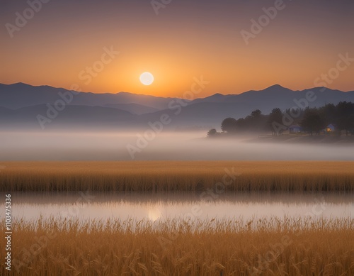 hazy sunset over a field of grass and a lake with a mountain in the background. photo