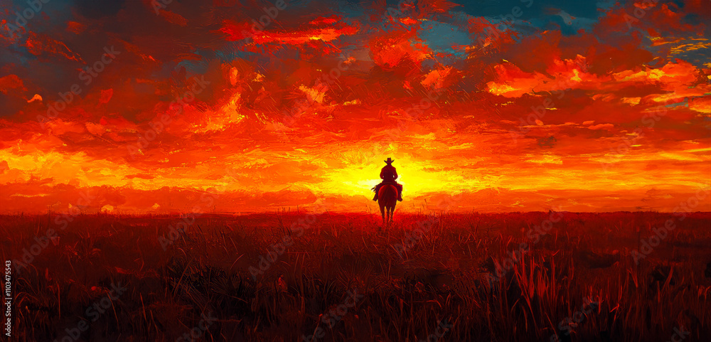 Fototapeta premium Lone Ranger Riding into the Sunset: A Solitary Cowboy's Journey Across the Vast Prairies