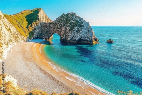 Jurassic Coast - Durdle Door Arch at Colorful Sunrise, Scenic Landmark in Dorset, England photo