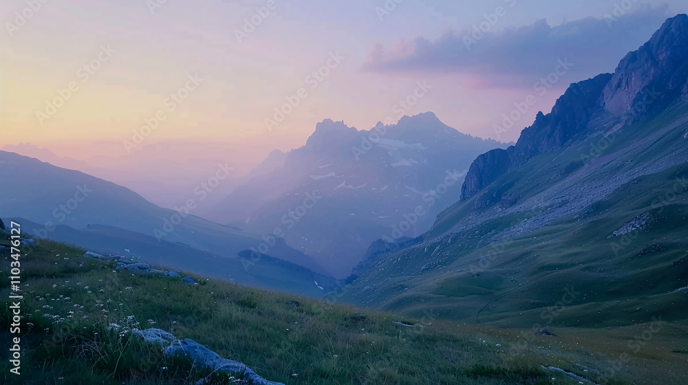 Peaceful evening view of mountains and a hazy landscape from Giau Pass. Peaceful evening view of mountains and a hazy landscape from Giau Pass.