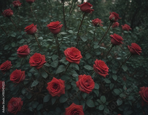 there are many red roses growing in a bush in the woods. photo