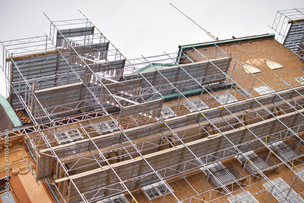 Old style brick building under construction. Old style brick building under construction.
