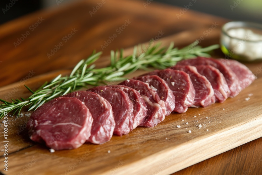 Lamb Loin Slices on Chopping Board. Fresh Meal with Lamb Meat for Dinner Lamb Loin Slices on Chopping Board. Fresh Meal with Lamb Meat for Dinner