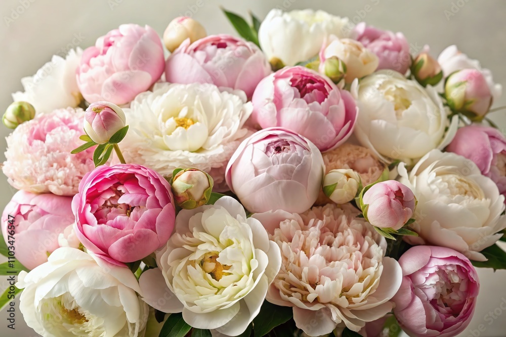 Close-up Floral Arrangement of Peonies in White and Pink Blooms with Buds, Perfect for Celebrating Nature's Beauty and Elegance in Home Decor and Event Planning Close-up Floral Arrangement of Peonies in White and Pink Blooms with Buds, Perfect for Celebrating Nature's Beauty and Elegance in Home Decor and Event Planning