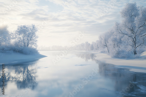 A calm frozen lake framed by a snowy shoreline and distant frost-covered trees, evoking peace and winter serenity