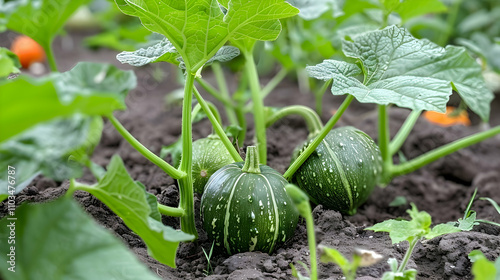 Green pumpkin growing in bed in the garden. Pumpkin plant.
