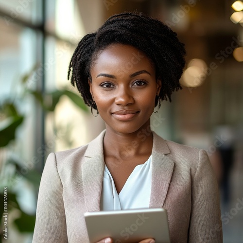 Young African business woman using tablet in the office.