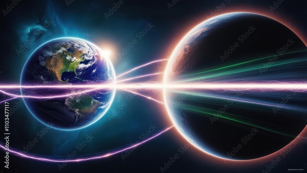 Obraz premium Vibrant cosmic scene featuring Earth and a distant planet with light beams.