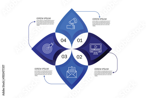 Round flower diagram with 4 Blue petals. Concept of four steps or stages of business cyclical process