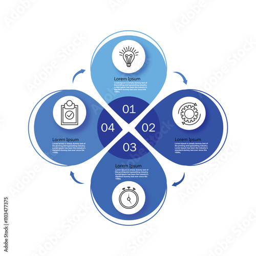 Round flower diagram with 4 Blue petals. Concept of four steps or stages of business cyclical process