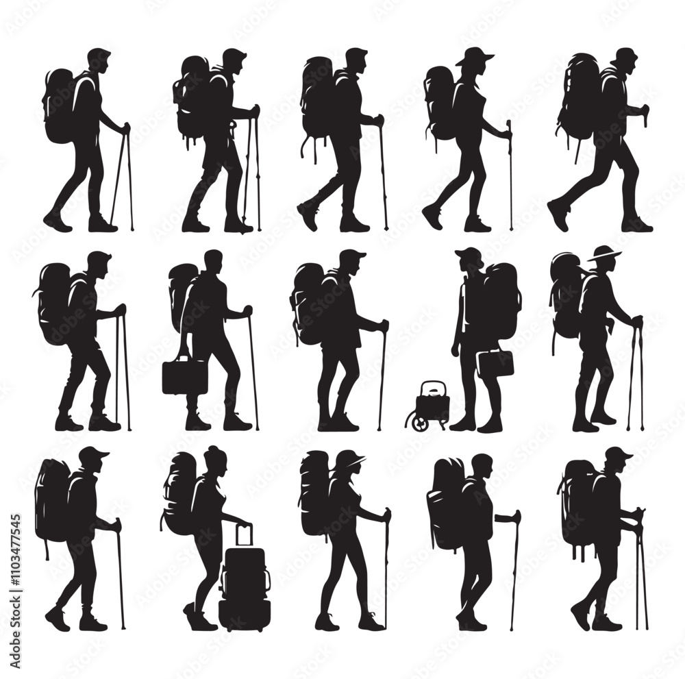 Obraz premium hiking man and woman silhouette vector illustration