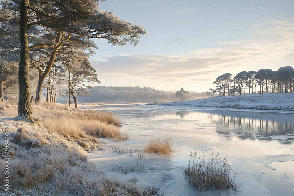 Obraz premium A calm frozen lake framed by a snowy shoreline and distant frost-covered trees, evoking peace and winter serenity