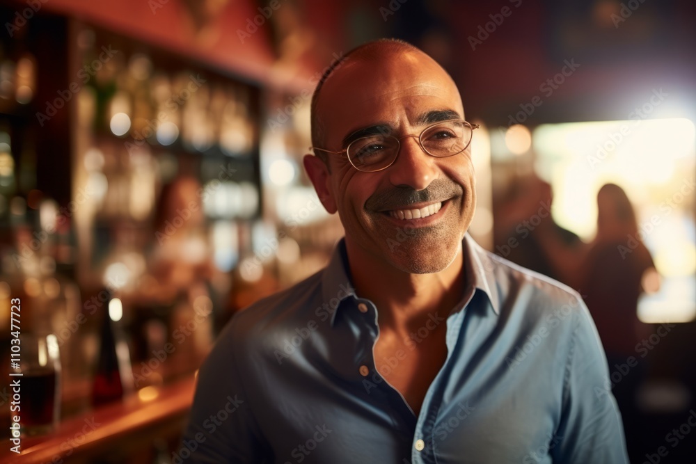Portrait of handsome mature man smiling at camera while standing in bar Portrait of handsome mature man smiling at camera while standing in bar