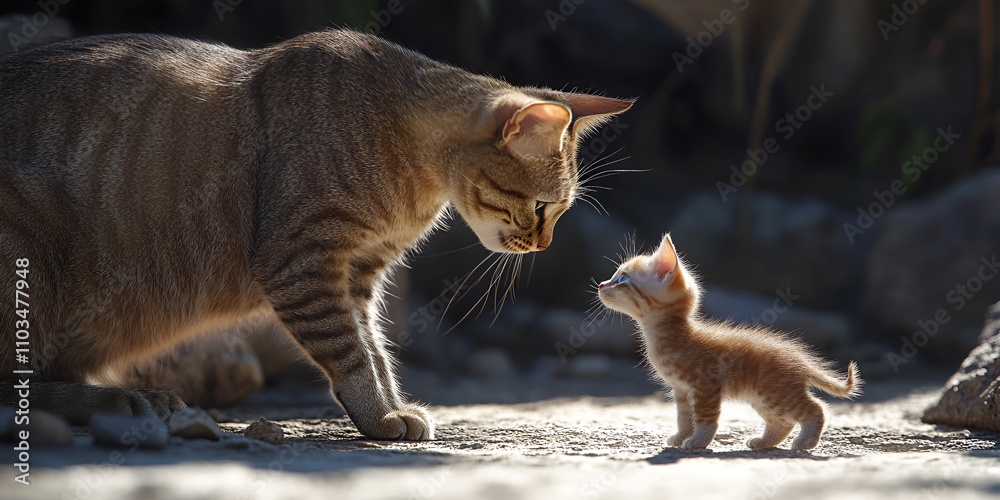 Mom cat and her cute little kittens together, side by side, outside Mom cat and her cute little kittens together, side by side, outside