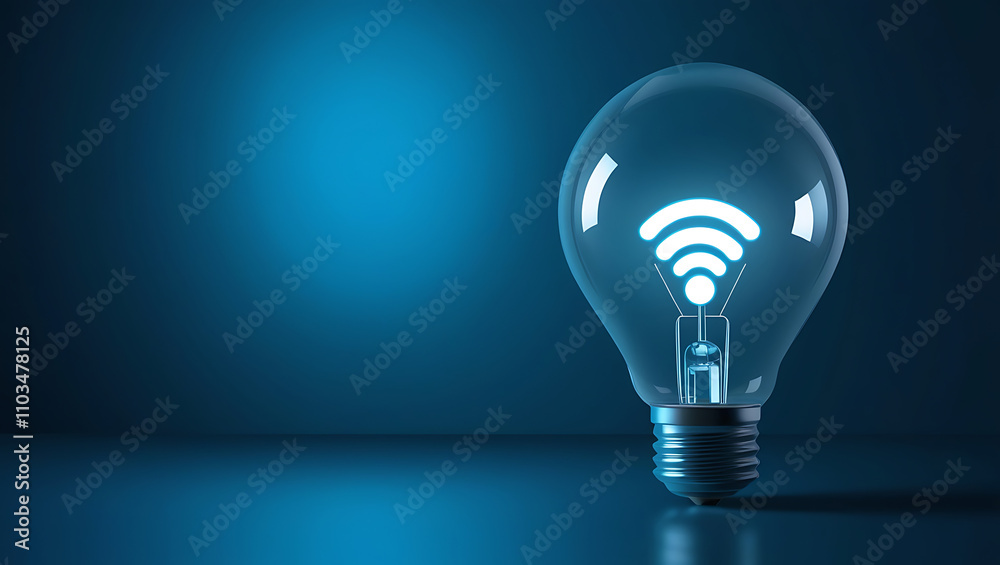 Light Bulb with Glowing Wi-Fi Symbol, Wi-Fi symbol, wireless technology, blue gradient background. Light bulb with wifi symbol is glowing on blue background Light Bulb with Glowing Wi-Fi Symbol, Wi-Fi symbol, wireless technology, blue gradient background. Light bulb with wifi symbol is glowing on blue background