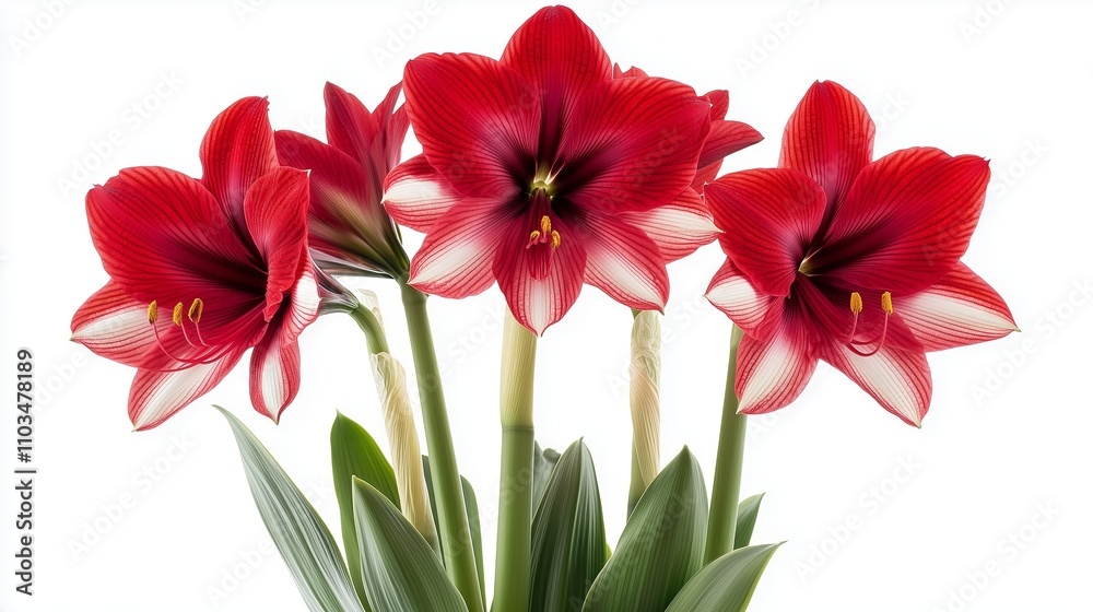 Bright red amaryllis flowers in full bloom with lush green leaves in a modern setting Bright red amaryllis flowers in full bloom with lush green leaves in a modern setting