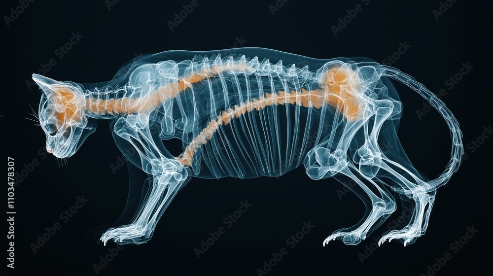 X-ray image of a cat skeleton showing details of bones and spine in a side view, highlighting anatomical structure.