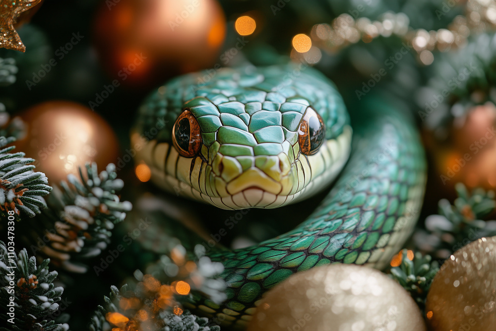 A green snake weaving through branches of a New Year’s tree, surrounded by ornaments and garlands. A green snake weaving through branches of a New Year’s tree, surrounded by ornaments and garlands.