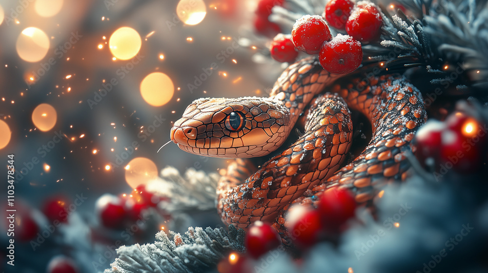 A festive card featuring a snake-shaped garland wrapped around a beautifully decorated New Year’s tree. A festive card featuring a snake-shaped garland wrapped around a beautifully decorated New Year’s tree.