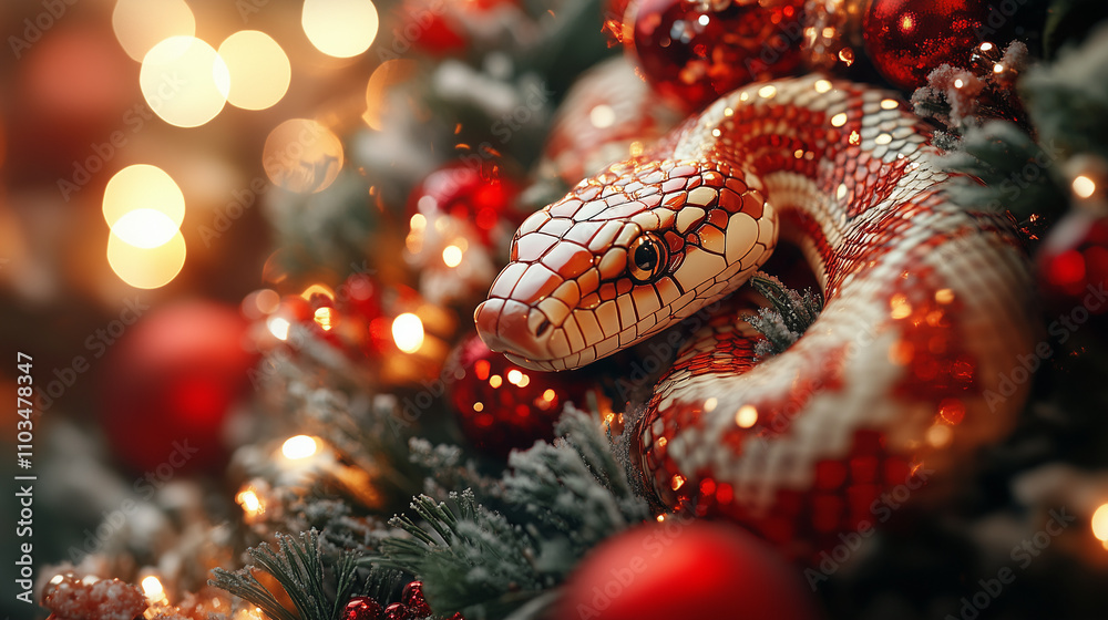 A festive card featuring a snake-shaped garland wrapped around a beautifully decorated New Year’s tree. A festive card featuring a snake-shaped garland wrapped around a beautifully decorated New Year’s tree.