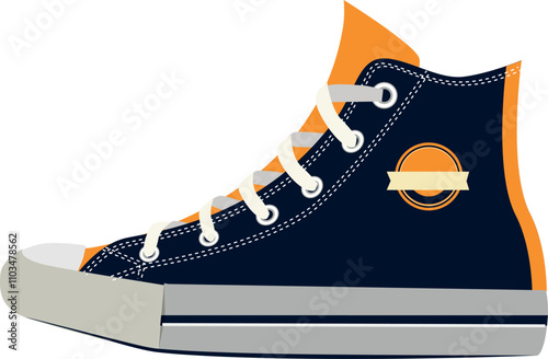 A cartoon shoe with a white stripe and orange stripe
