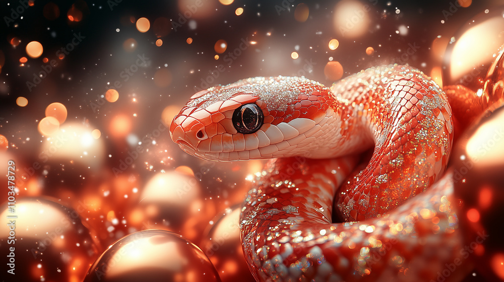 A snake curling around a sparkling ribbon tied to a cluster of New Year’s balloons. A snake curling around a sparkling ribbon tied to a cluster of New Year’s balloons.